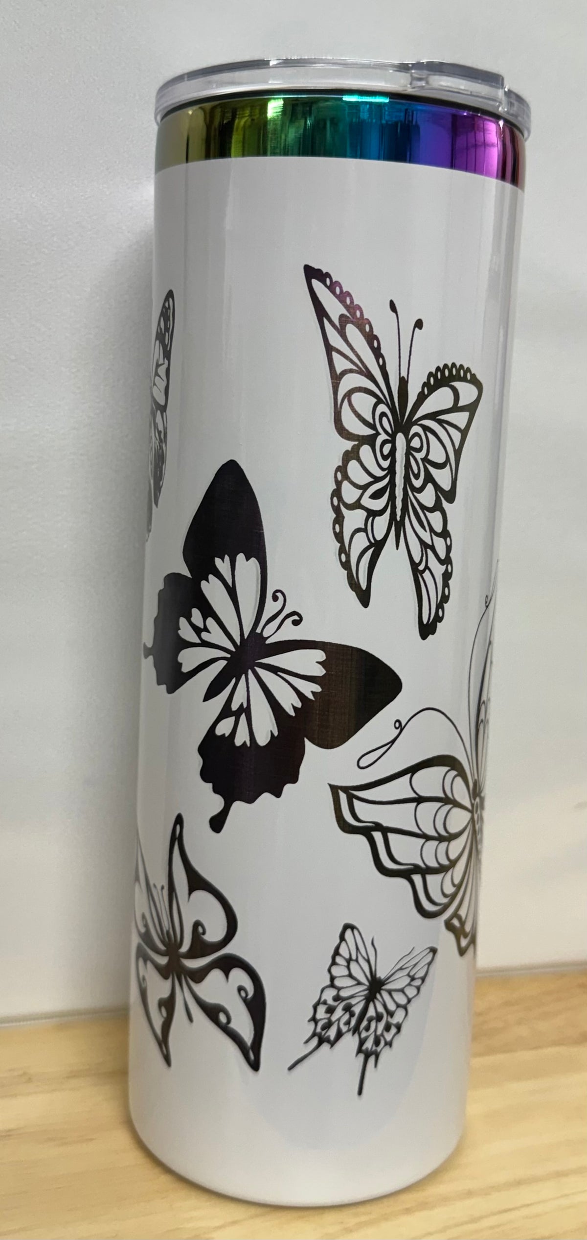 White rainbow electroplated tumbler-Beautiful Butterflies