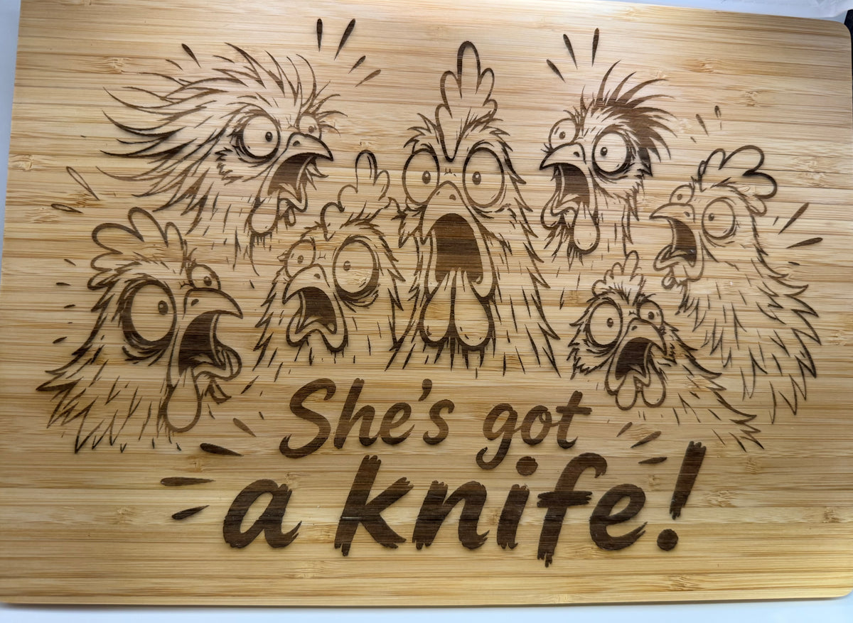 Bamboo Cutting board "she's got a knife chickens"