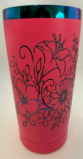 20 oz stainless thermal tumbler   pink with flowers in rainbow colors