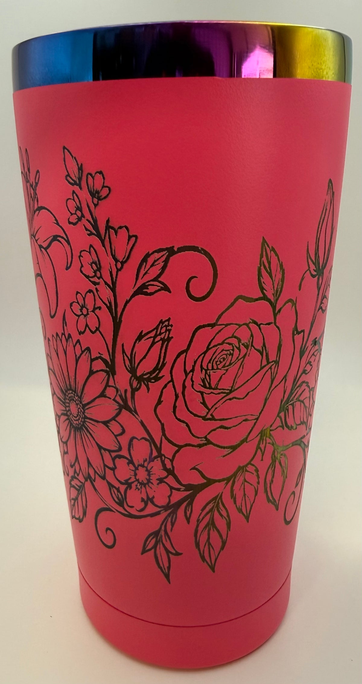 20 oz stainless thermal tumbler   pink with flowers in rainbow colors