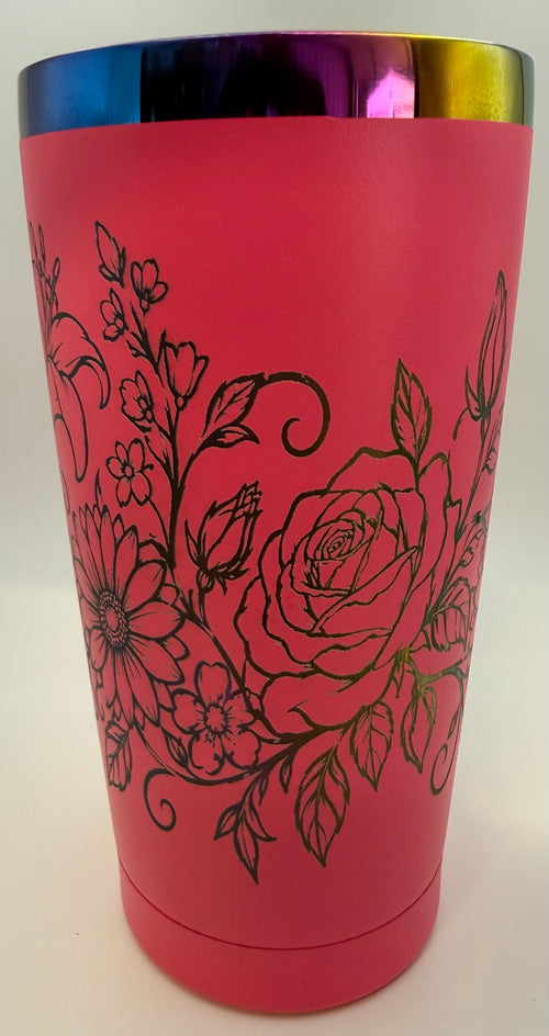 20 oz stainless thermal tumbler   pink with flowers in rainbow colors
