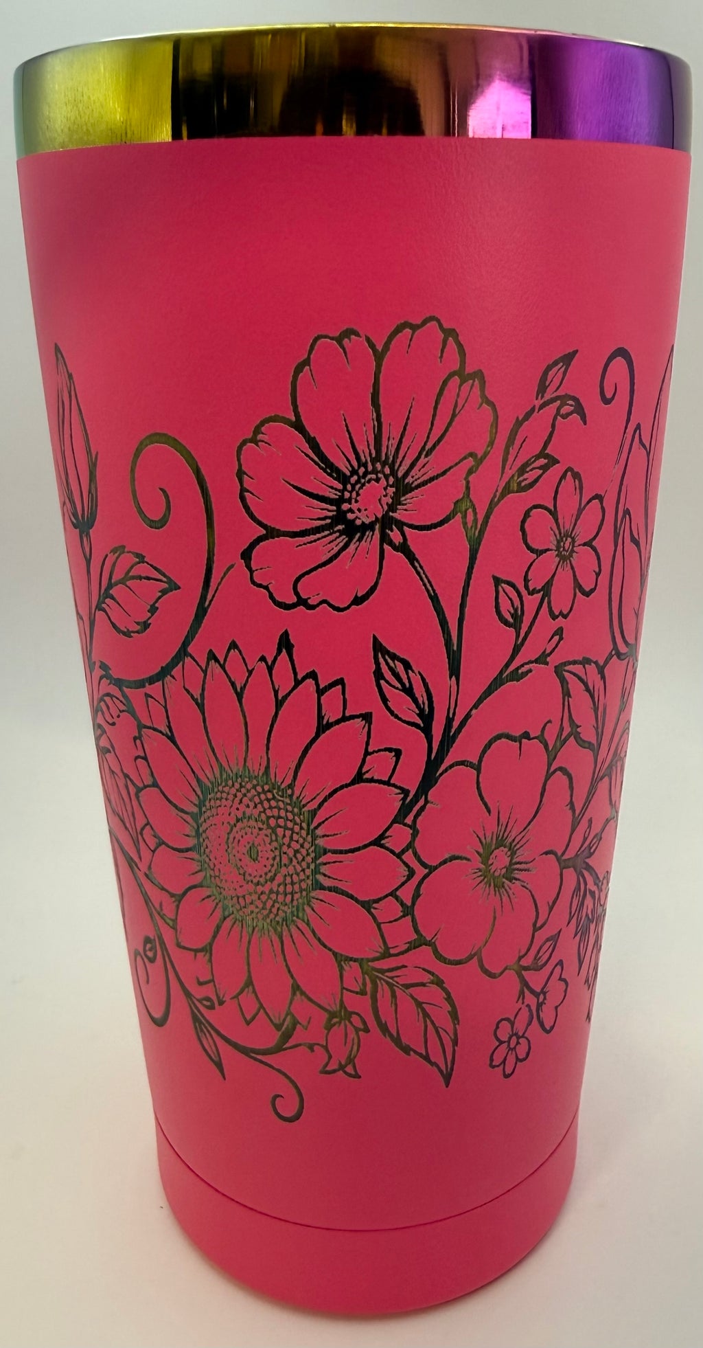 20 oz stainless thermal tumbler   pink with flowers in rainbow colors