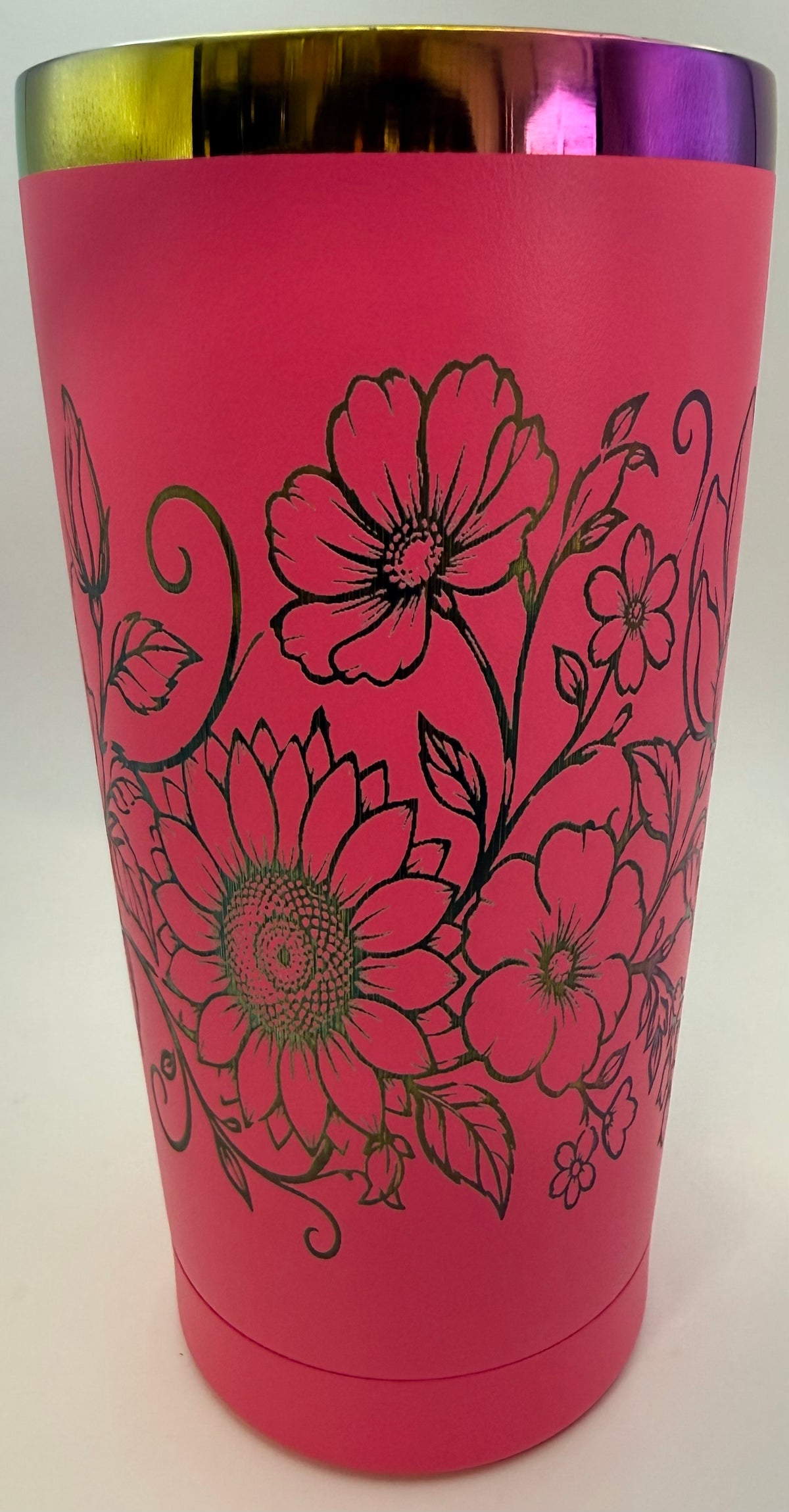 20 oz stainless thermal tumbler   pink with flowers in rainbow colors