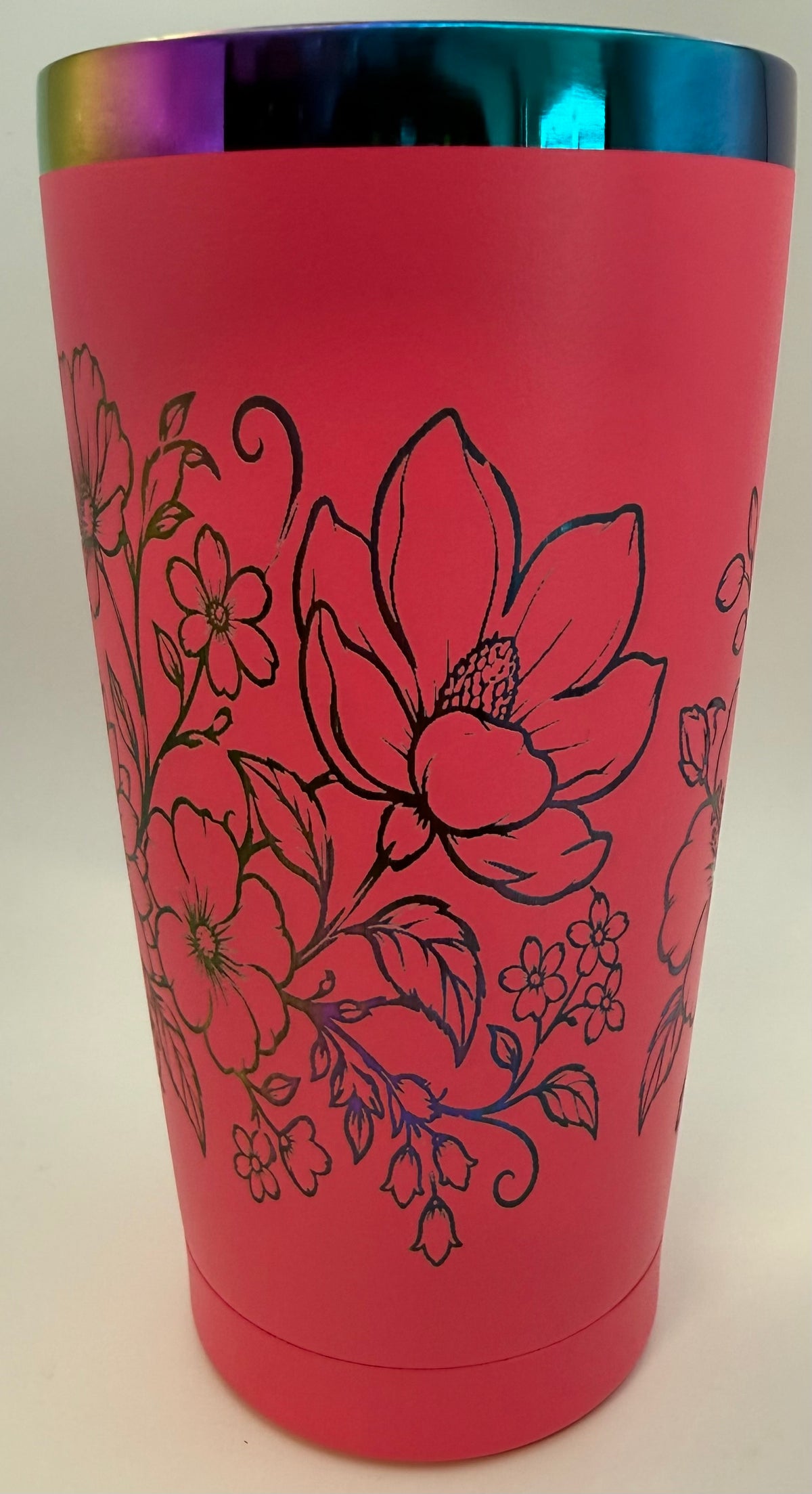 20 oz stainless thermal tumbler   pink with flowers in rainbow colors