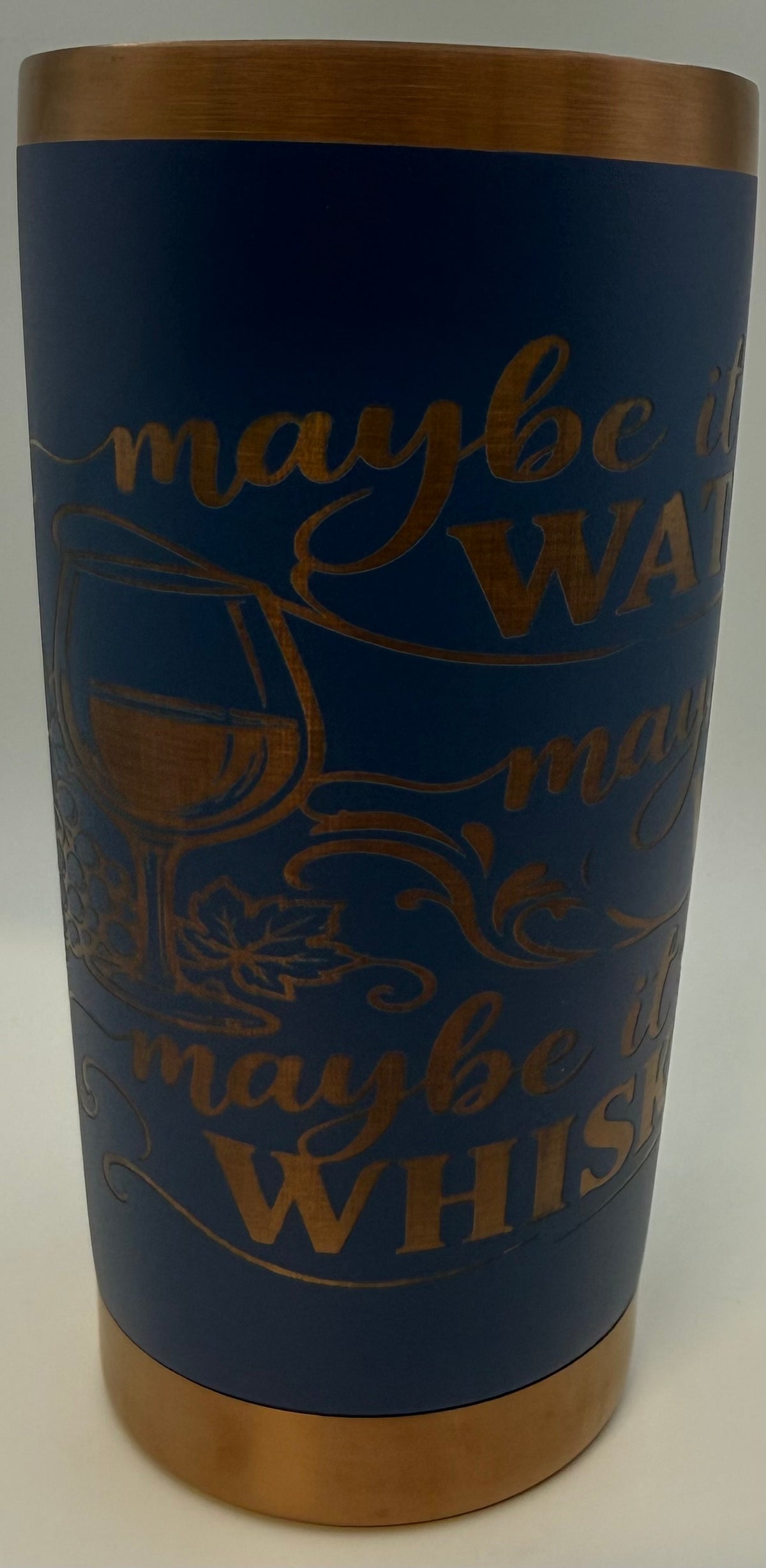 20 oz stainless thermal tumbler   navy blue with copper Water Wine or Whiskey