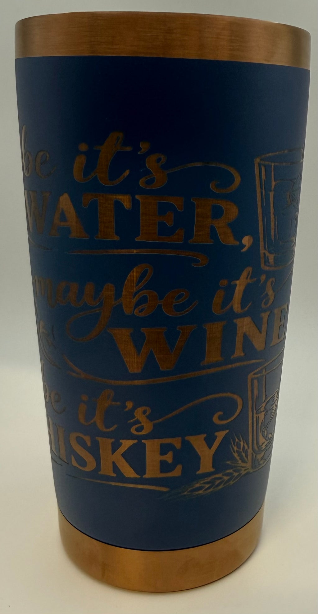 20 oz stainless thermal tumbler   navy blue with copper Water Wine or Whiskey