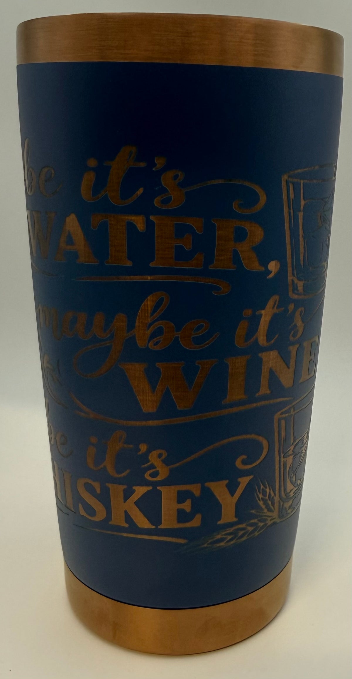 20 oz stainless thermal tumbler   navy blue with copper Water Wine or Whiskey