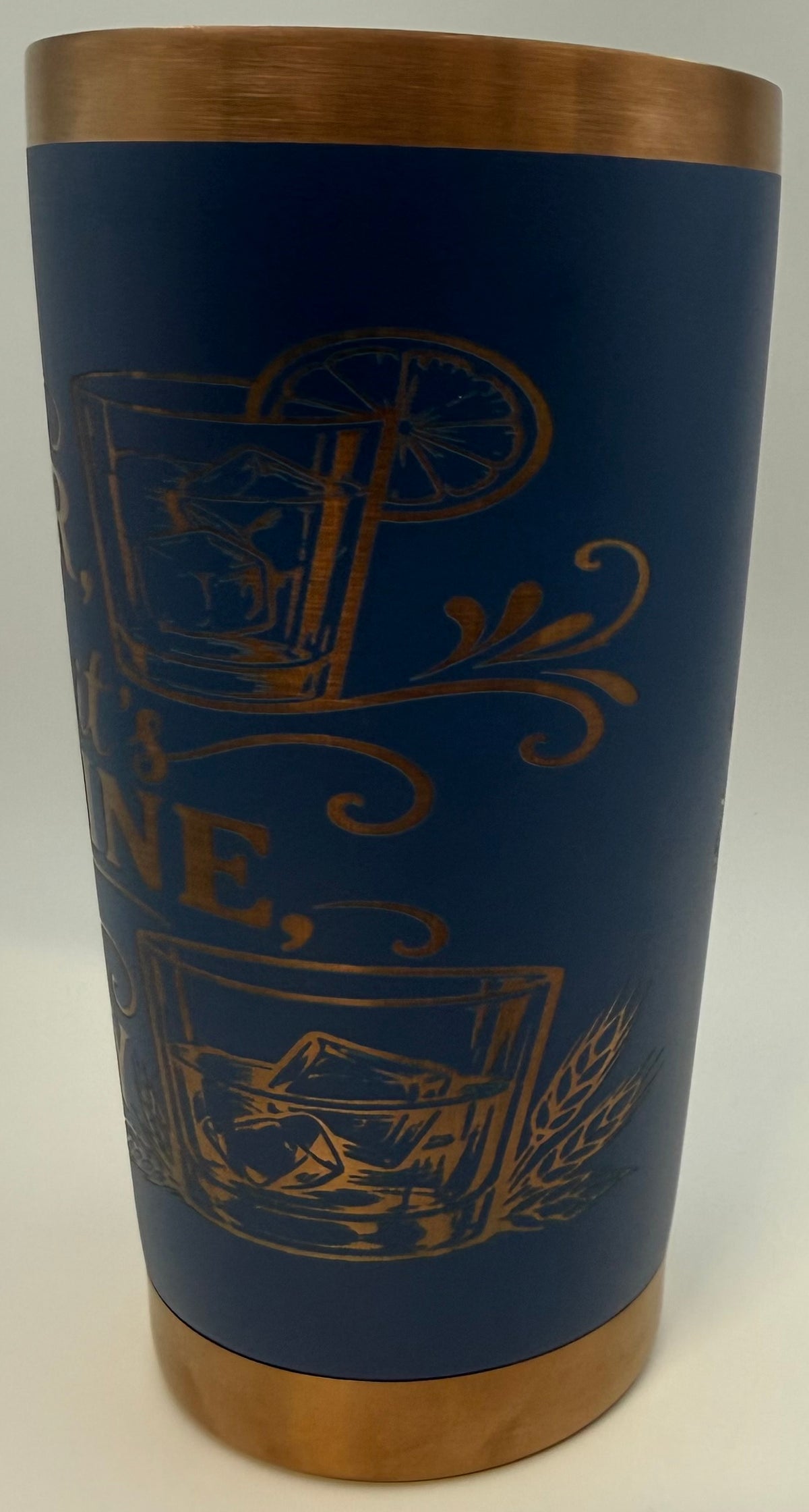 20 oz stainless thermal tumbler   navy blue with copper Water Wine or Whiskey